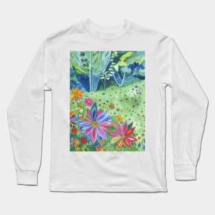 Woodland meadow painting with multicoloured flowers Long Sleeve T-Shirt